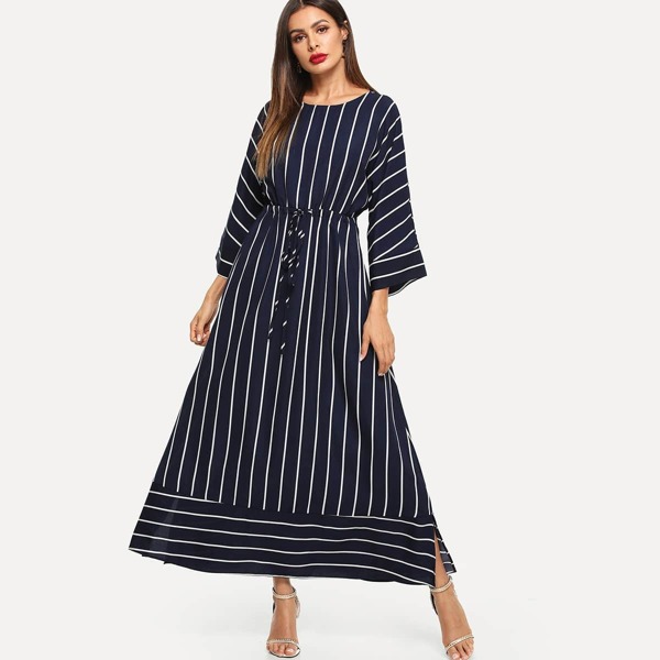 

Vertical Striped Drawstring Waist Maxi Dress, Navy