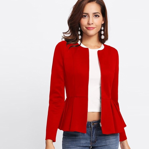 

Zip Up Box Pleated Peplum Jacket, Red