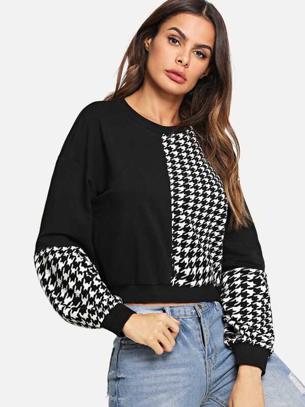 

Cut and Sew Houndstooth Sweatshirt, Black and white, Andy