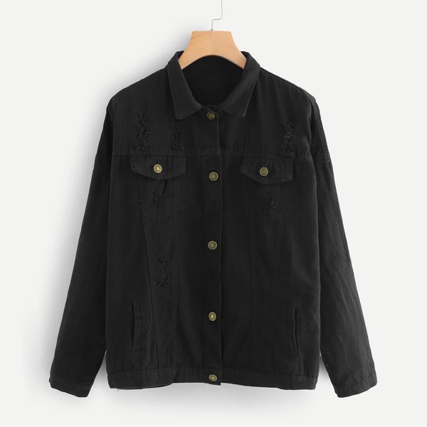

Drop Shoulder Ripped Denim Jacket, Black