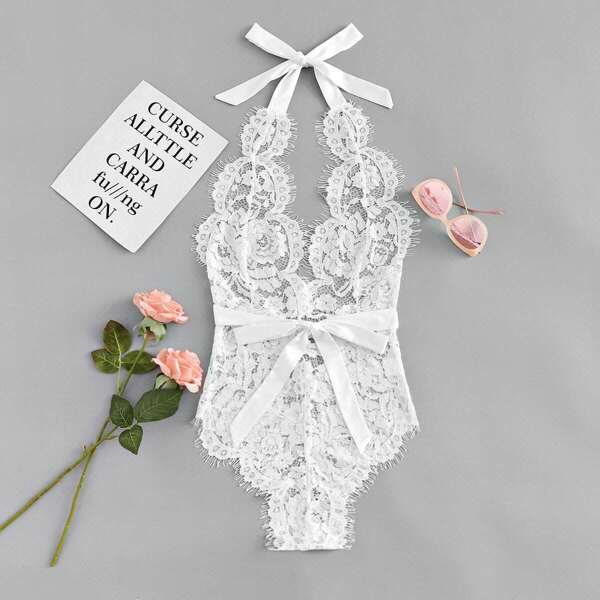 

Eyelash Floral Lace Teddy Bodysuit, White
