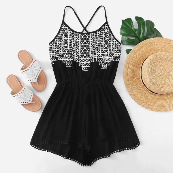 

Geo Print Crisscross Back Romper, Black and white