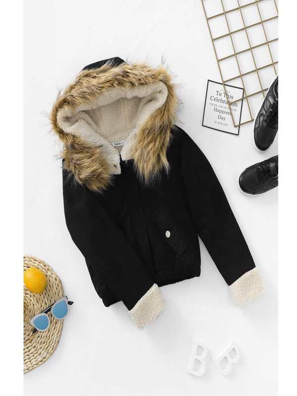 

Girls Fleece Lined Faux Fur Hooded Parka Coat, Black