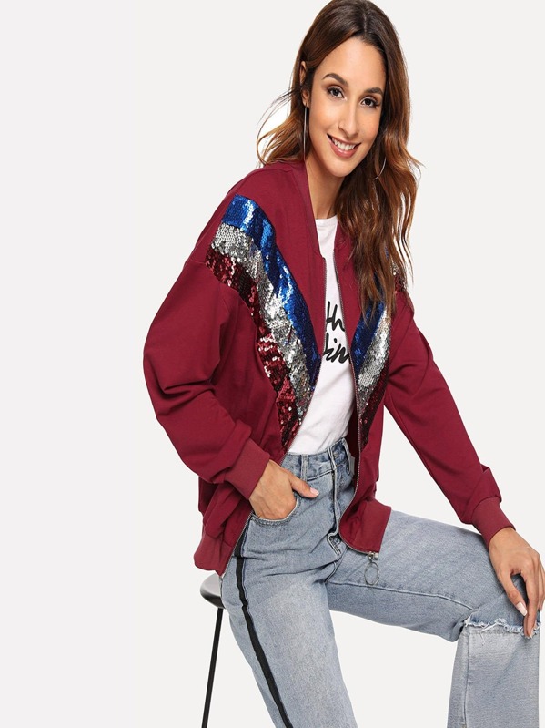 

Zip Front Sequin Contrast Coat