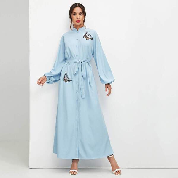 

Mandarin Collar Embroidery Button Front Maxi Dress, Blue