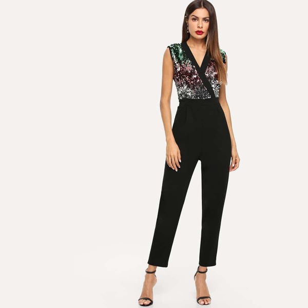 

Surplice Neck Sequin Beaded Shell Jumpsuit, Black