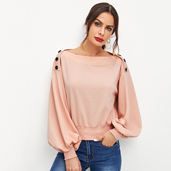 

Button Detail Blouson Sleeve Pullover, Pink