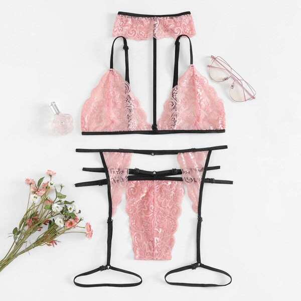 

Scalloped Trim Garter Lingerie Set With Choker
