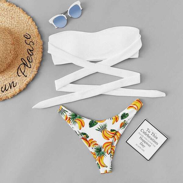

Tropical Wrap Bandeau Top With Hipster Bikini Set, Multicolor