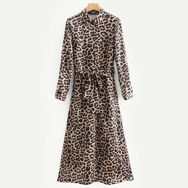 

Leopard Print Self Tie Shirt Dress