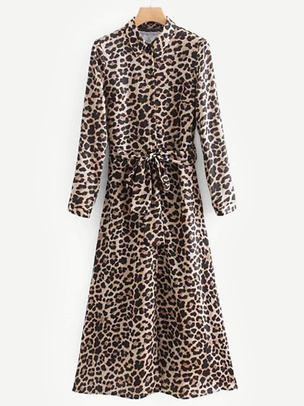 

Leopard Print Self Tie Shirt Dress