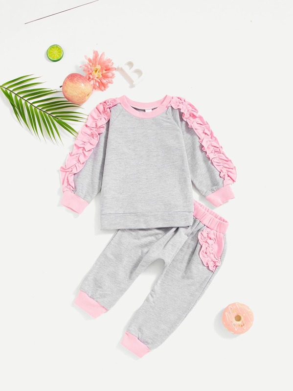 

Toddler Girls Frill Trim Sweatshirt With Pants, Grey