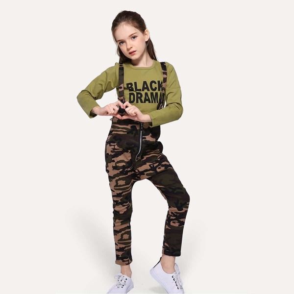 

Toddler Girls Letter Print Tee With Camo Print Overalls