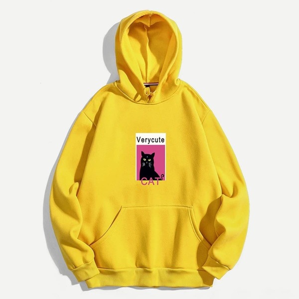 

Men Letter And Cat Print Hooded Sweatshirt, Yellow