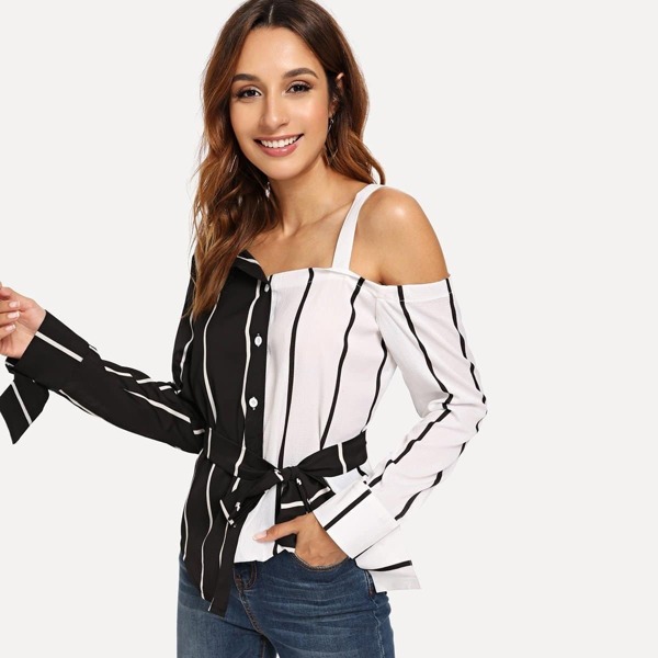 

Asymmetrical Shoulder Spliced Striped Belted Blouse
