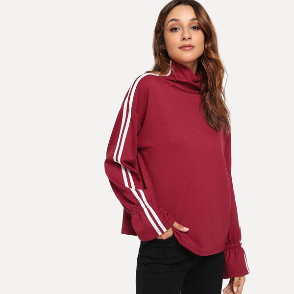 

High Neck Striped Tape Sleeve Sweatshirt, Burgundy