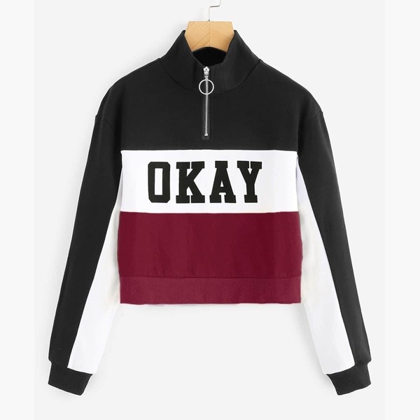 

Zipper Detail Letter Print Sweatshirt, Black