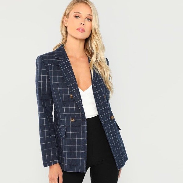 

Double Breasted Notched Neck Plaid Blazer, Navy