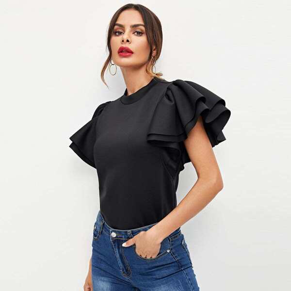 

Exaggerated Tiered Sleeve Zip Back Blouse, Black