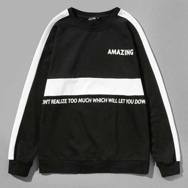

Men Crew Neck Letter Graphic Tape Side Sweatshirt, Black