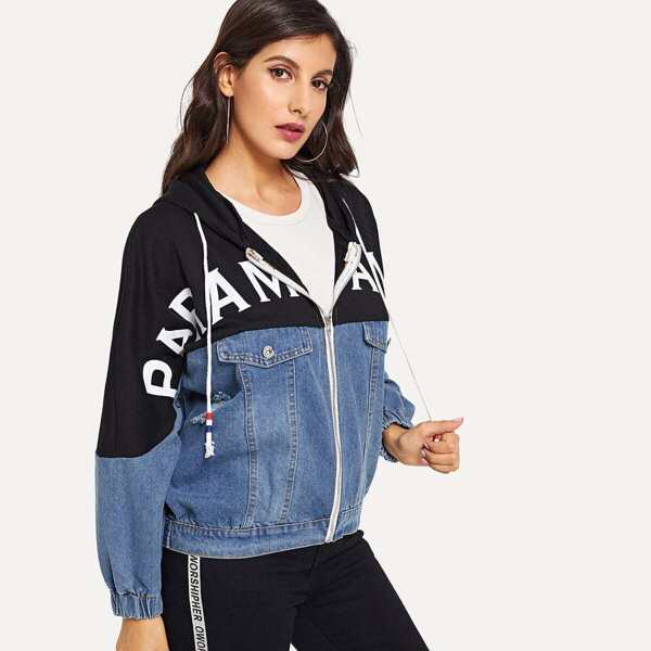 

Letter Print Colorblock Denim Hooded Jacket, Multicolor