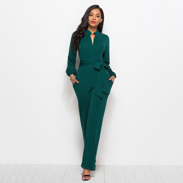 

Tie Waist Shirt Detail Jumpsuit, Green