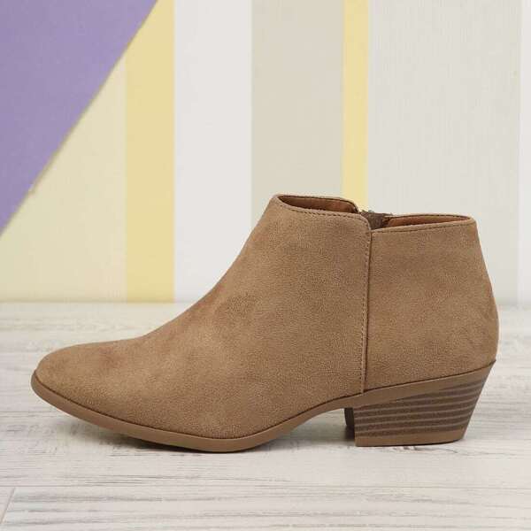 

Inner Zip Block Stacked Heel Ankle Booties, Camel