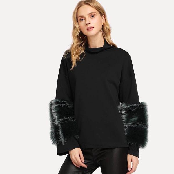 

Faux Fur Contrast Solid Pullover