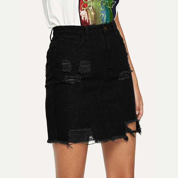 

Ripped Raw Hem Denim Skirt
