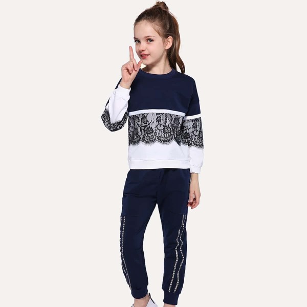 

Girls Contrast Lace Top With Pants, Navy
