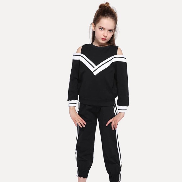

Girls Open Shoulder Contrast Striped Top With Pants