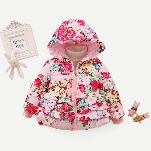 

Toddler Girls Ruffle Allover Floral Print Hooded Coat