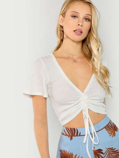 Camiseta corta con cordón de manga con volante