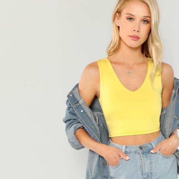 

V Neck Crop Tank Top, Yellow bright