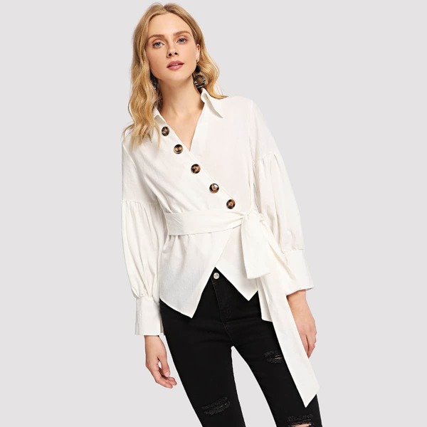 

Button Decoration Collar Solid Top