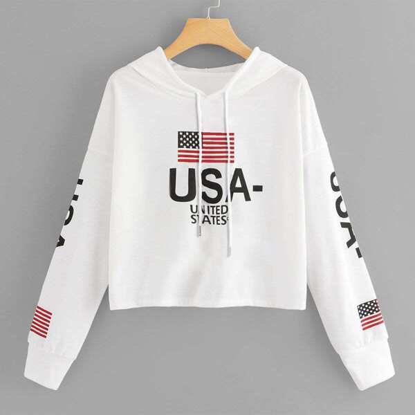 

Letter & American Flag Drawstring Hoodie Sweatshirt, White