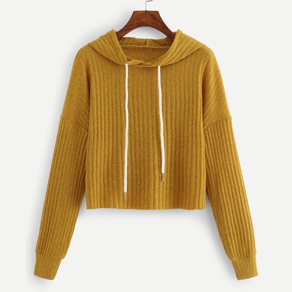 

Drop Shoulder Drawstring Ribbed Hoodie, Yellow