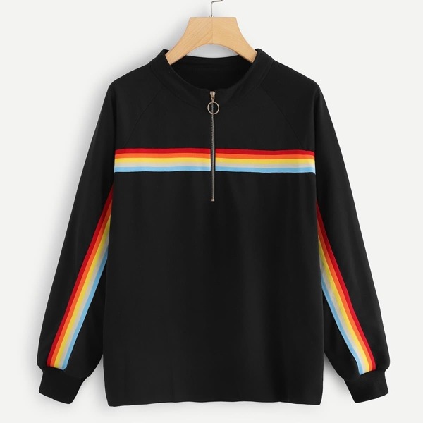 

Plus Quarter Zip Rainbow Striped Sweatshirt, Black