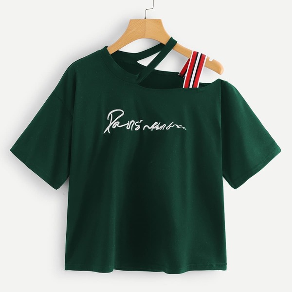 

Plus Asymmetrical Neck Slogan Embroidered Tee