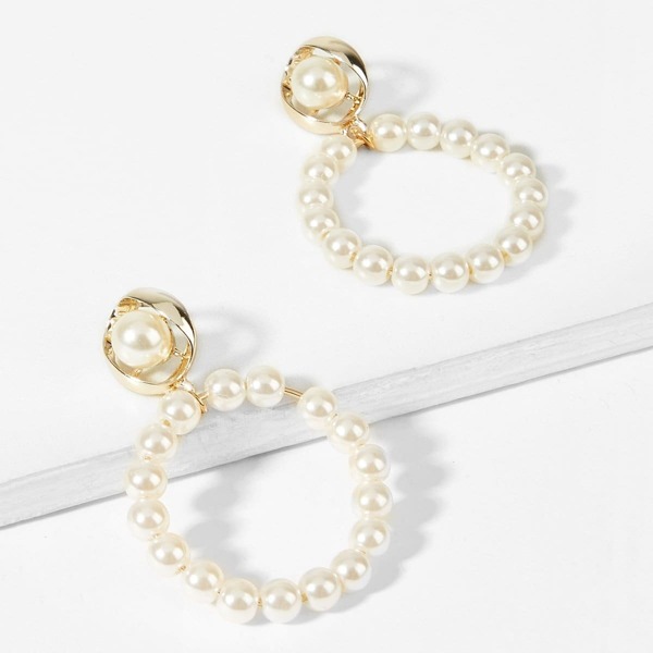

Faux Pearl Decorated Hoop Drop Earrings 1pair, Beige