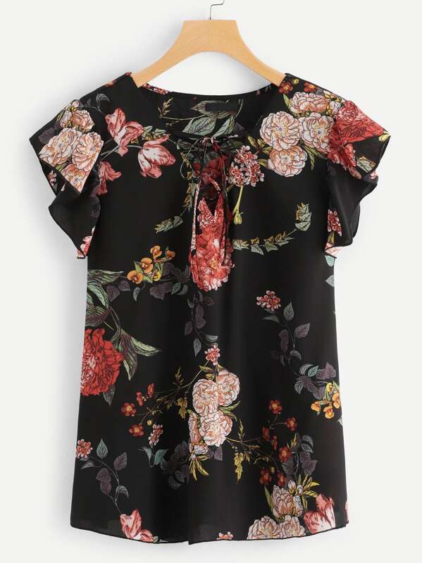 

Plus Lace Up V Neck Floral Ruffle Top, Multicolor