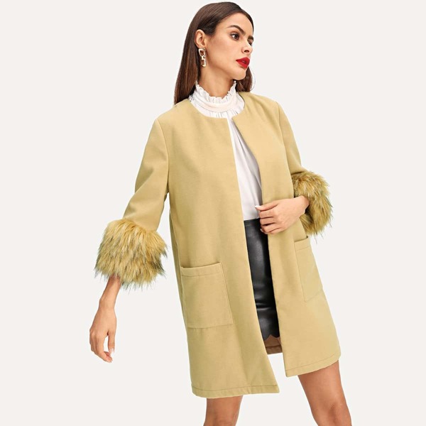 

Faux Fur Cuff Pocket Front Coat, Khaki
