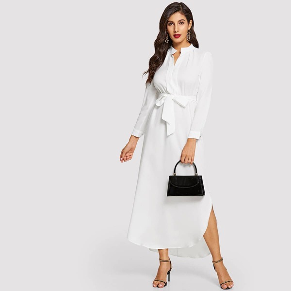 

Tie Waist Curved Hem Midi Shirt Dress, White