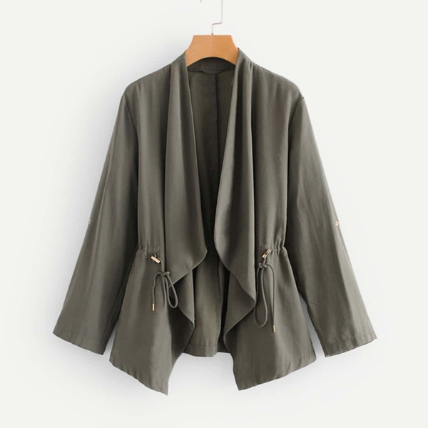 

Drawstring Waist Roll Up Sleeve Coat, Grey