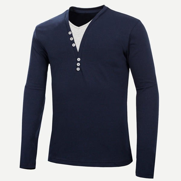 

Men Button Decoration Plain Tee, Navy