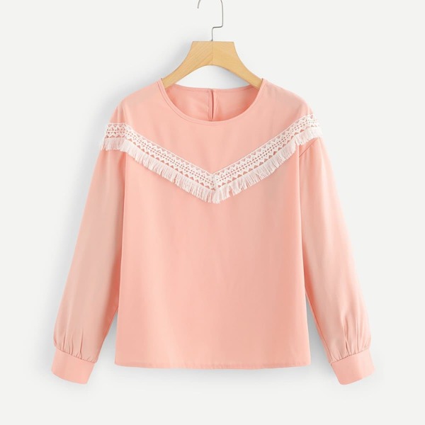 

Contrast Crochet Applique Blouse, Pink