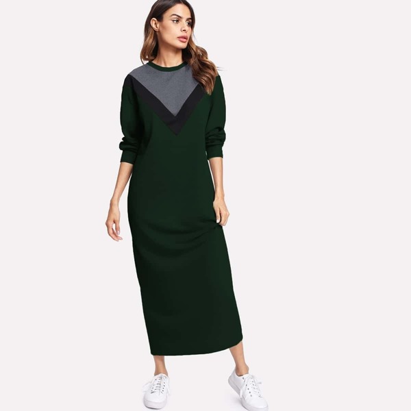 

Contrast Chevron Panel Sweatshirt Dress, Green