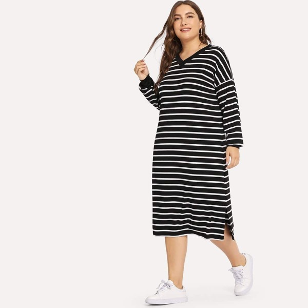 

Plus Drop Shoulder Split Side Striped Dress