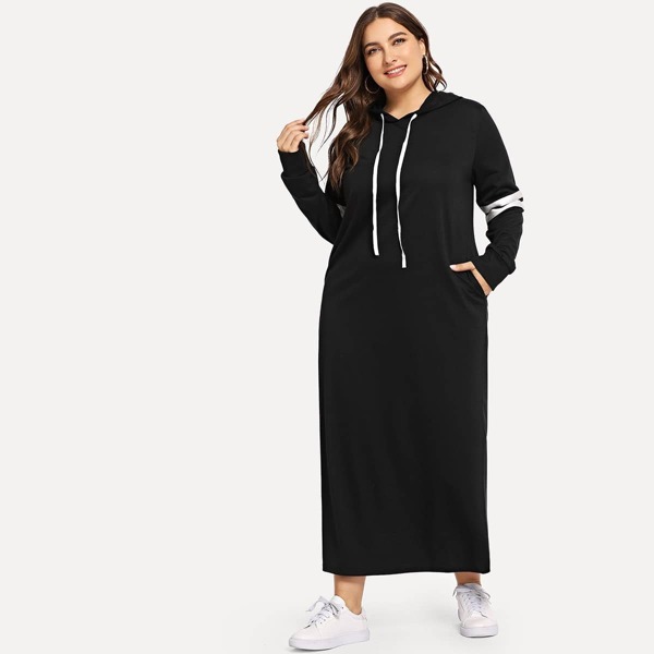 

Plus Contrast Striped Side Hooded Sweatshirt Dress, Black