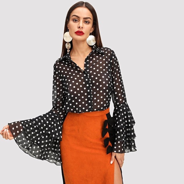 

Tiered Bell Sleeve Polka Dot Semi-Sheer Blouse, Black and white